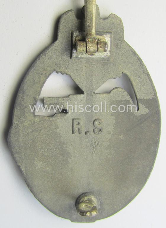 'Panzerkampfabzeichen in Silber', being a maker- (ie. 'RS'-) marked version as executed in zinc- (ie. 'Feinzink'-) being a so-called: 'Broad Maker Mark - Broad Pin'-variant as was produced by the: 'Rudolf Souval'-company