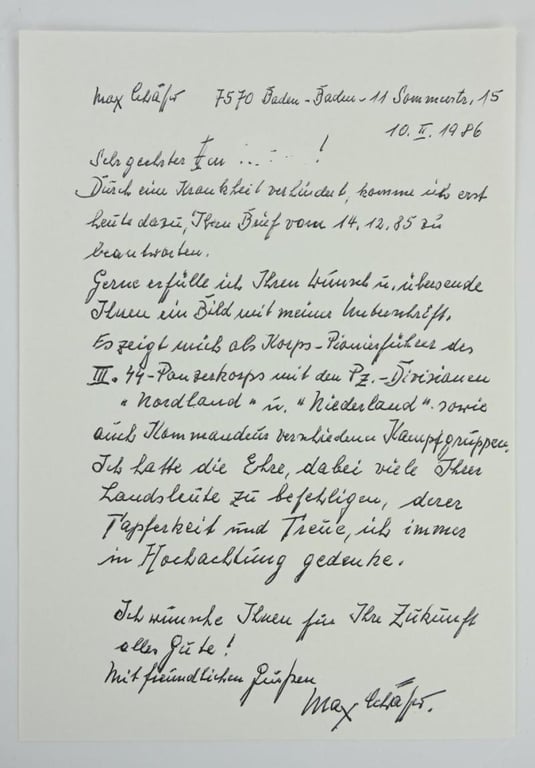 Signature of Waffen-SS KC&OLC Recipient 'Max Schäfer'