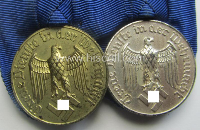 2-pieced medal-bar (ie. 'Spange') showing two: WH (Heeres o. Kriegsmarine) so-called: 'Dienstauszeichnungen für 4 u. 12 Jahre Treue Dienste' that both come period-mounted as a so-called: 'Doppelspange'