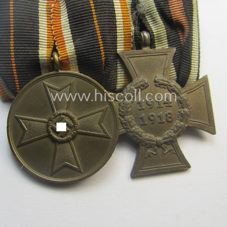 2-pieced, 'WWI'- (ie. TR-) related medal-bar (ie. 'Orden- o. Doppelspange') resp. depicting a: 'Kriegsverdienstmedaille 1939' and a WWI-period: 'FKK 1914-18 ohne Schwn.'