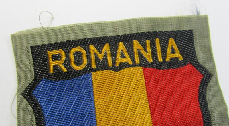 Superb - and rarely encountered! - German-produced, 'BeVo'-type armshield entitled: 'Romania' (being a piece that was intended for a volunteer who served within the: 'Deutsche Wehrmacht')