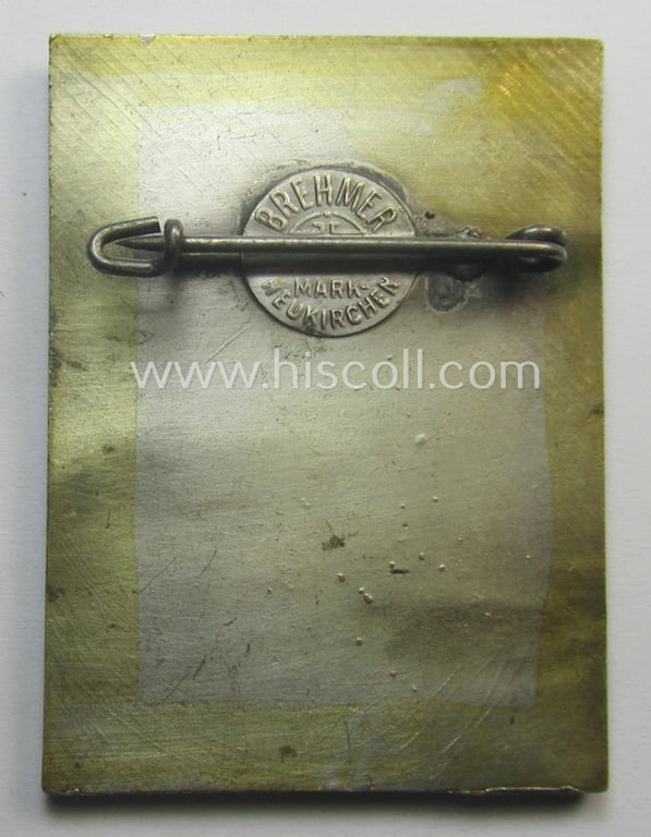 Commemorative- and/or aluminium-based, silver-toned 'tinnie' being a maker- (ie. 'Brehmer - Markneukirchen'-) marked example showing the text: 'Heimat in Flammen - 1637-1937 - Heimatfest in Mölkau - 28.-30. August 1937'