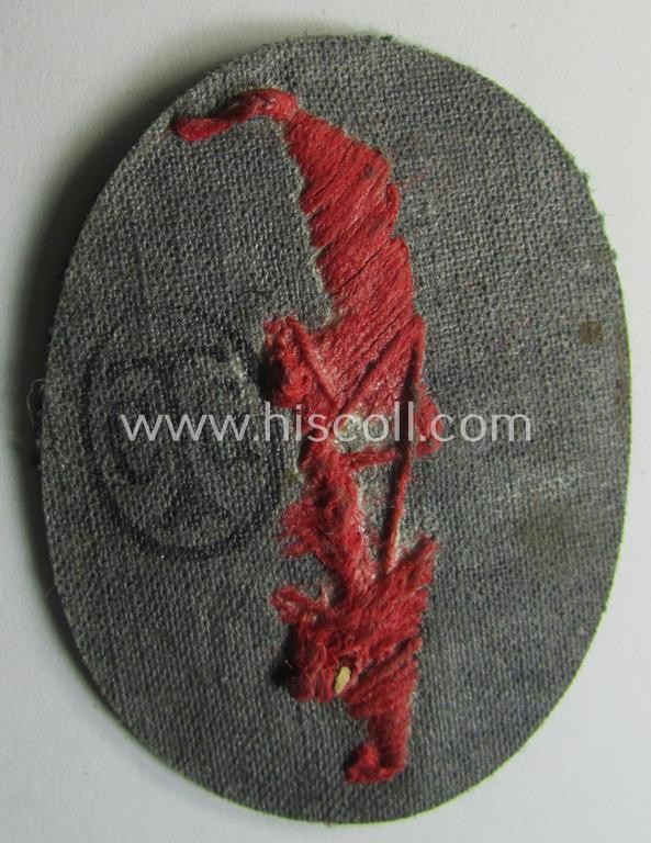 WH (Heeres) trade- and/or special-career-insignia ie. hand-embroidered 'signal-blitz' being a nicely maker- (ie. 'CTG'-) marked example as executed in bright-red linnen as was specifically intended for a soldier within the: 'Artillerie-Truppen'