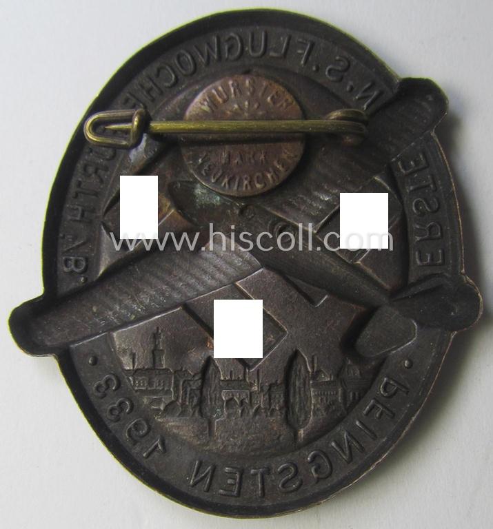 N.S.D.A.P.-related day-badge (ie. 'tinnie') as issued to commemorate a specific meeting entitled: 'Erste N.S. Flugwoche - Fürth i./B. - Pfingsten 1933'