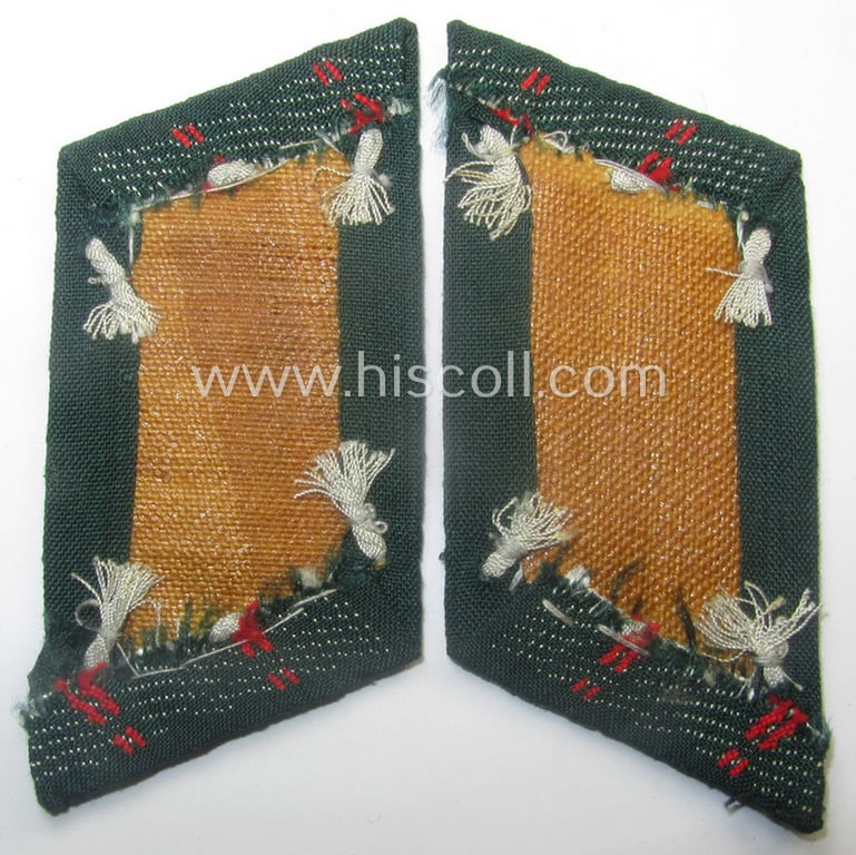 Pair of WH (Heeres) later-war-pattern, officers'-type collar-tabs (ie. 'Kragenspiegel für Offiziere') as entirely executed in 'BeVo'-weave pattern as was intended for an officer serving within the: '(Sturm)Artillerie-Trpn.'