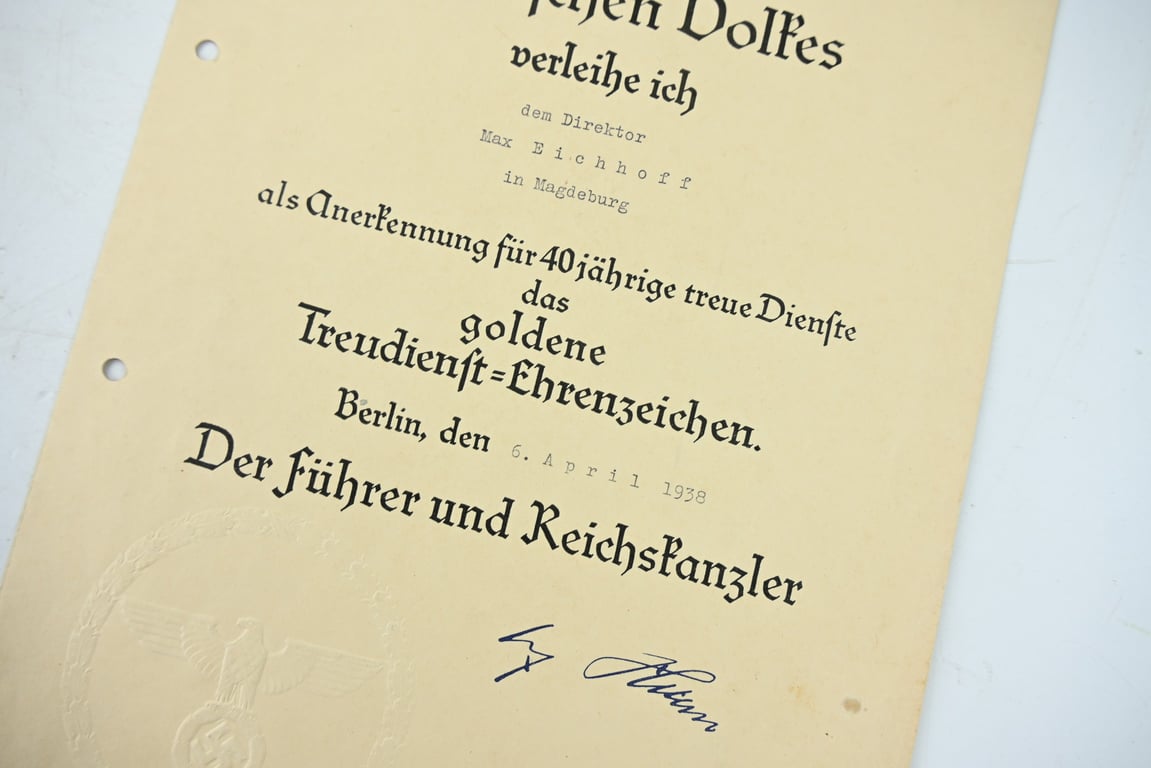 German WH 40 Years of Loyal Service Medal Certificate