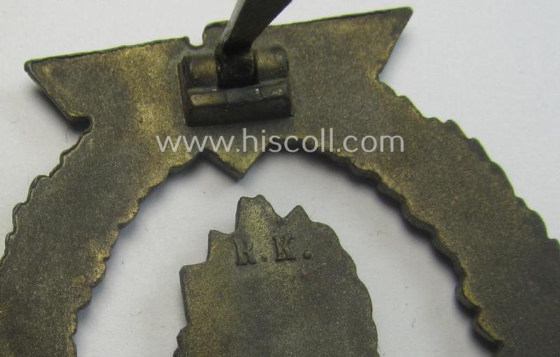 WH (Kriegsmarine) 'Kriegsabzeichen für Minensuch-, U-Boot-Jagd und Sicherungs-Verbände' being a detailed and clearly maker- (ie. 'R.K.') marked, 'Feinzink'-based example as was produced by the 'Rudolf Karneth'-company