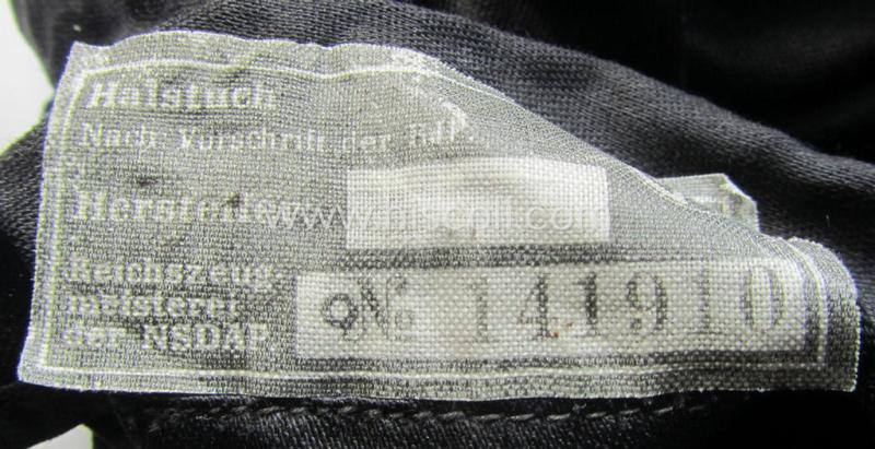 'HJ' ('Hitlerjugend') ie. 'BDM' (or: 'Bund Deutscher Mädel') so-called: 'Halstuch' as executed in typical black-coloured linnen still retaining its period RzM-etiket (and that comes with its leather-based 'Knote')