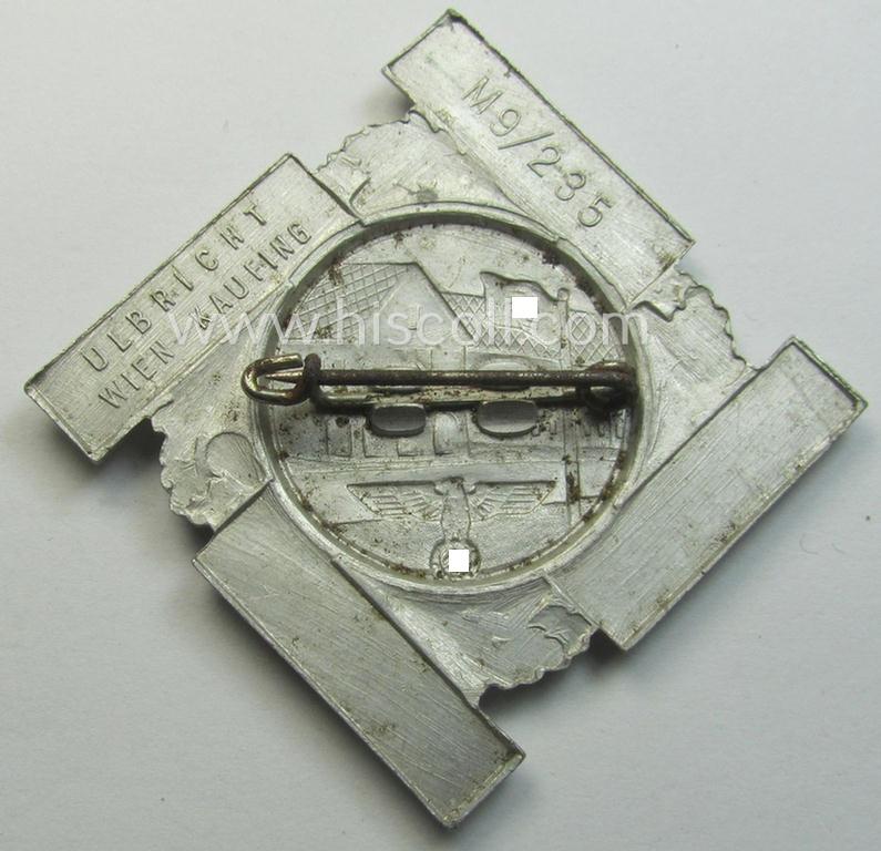 N.S.D.A.P.-related, Austrian 'tinnie' being a maker- (ie. 'Ulbricht - Wien'-) marked example depicting an NSDAP-office and eagle-device resting on a swastika and showing the text: 'Kreishaus Eröffnung - Vöcklabruck - August 1939'
