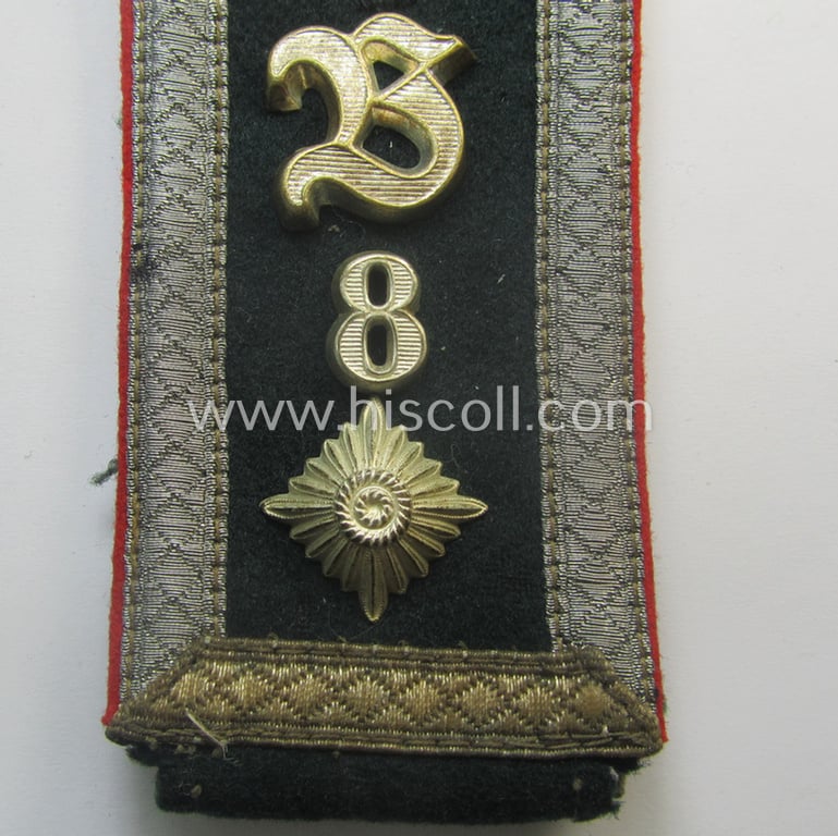 Single, WH (Heeres), early- (ie. mid-) war-period, ie. 'M40'-pattern, 'cyphered' NCO-type shoulderstrap as was intended for a: 'Feldwebel u. Mitglied des Artillerie-Beobachtung-Btls. 8'