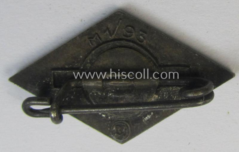 Moderately worn, HJ (ie. 'Hitlerjugend') enamelled lapel-pin (ie.: 'Raute') being a bright-red-coloured- and/or detailed - and non-cleaned and untouched! - example showing an: 'RzM - M1/93'-makers'-designation