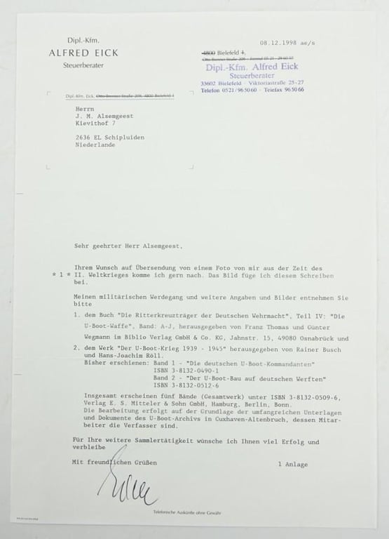 Signature of Kriegsmarine KC-Recipient 'Alfred Eick'