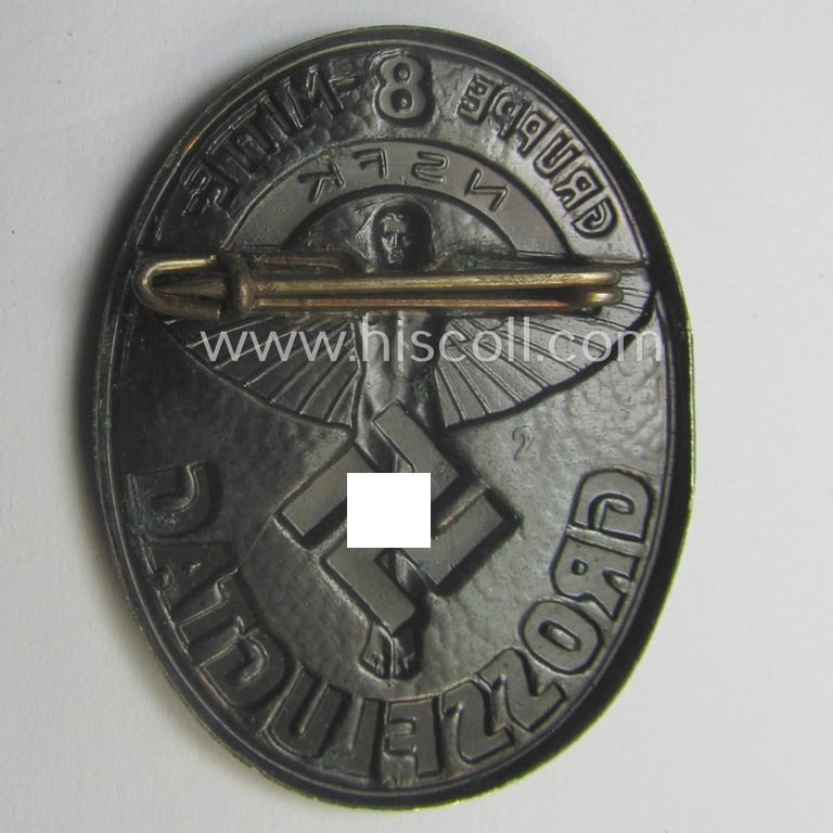 Reddish-bronze-toned N.S.F.K.-related day-badge (ie. 'tinnie') being a non-maker-marked example as was issued to commemorate a specific meeting ie. national rally entitled: 'N.S.F.K. Grossflugtag - Gruppe 8 Mitte'