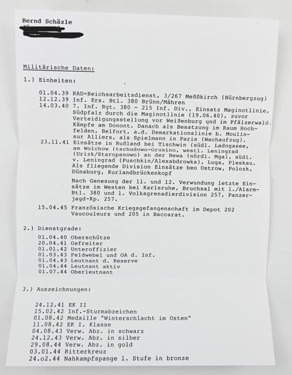 Signature of Wehrmacht Heer KC Recipient 'Bernd Schäzle'