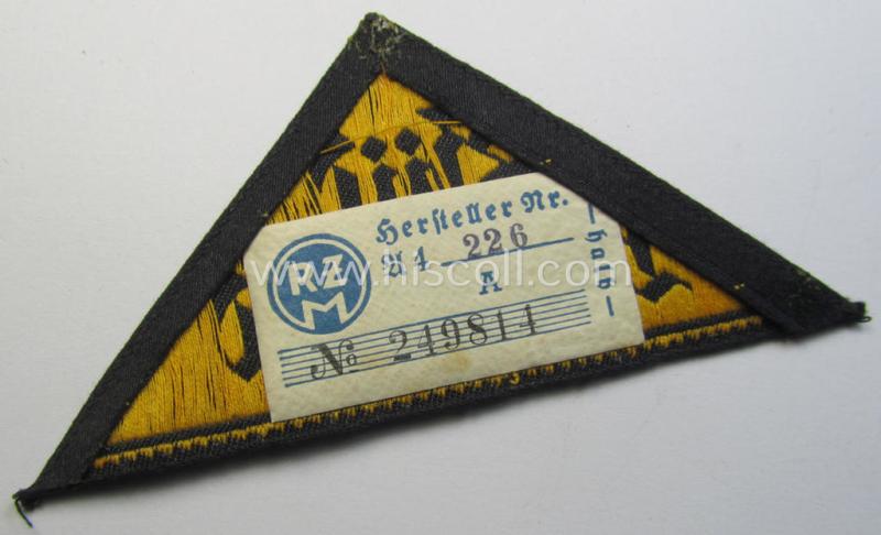 Interesting - and scarcely found early-pattern! - 'HJ' ('Hitlerjugend') district-triangle (ie. 'Gebietsdreieck') entitled: 'Süd Hochland' (being a 'virtually mint' and/or never used example that still retains its period-attached 'RzM'-eti...