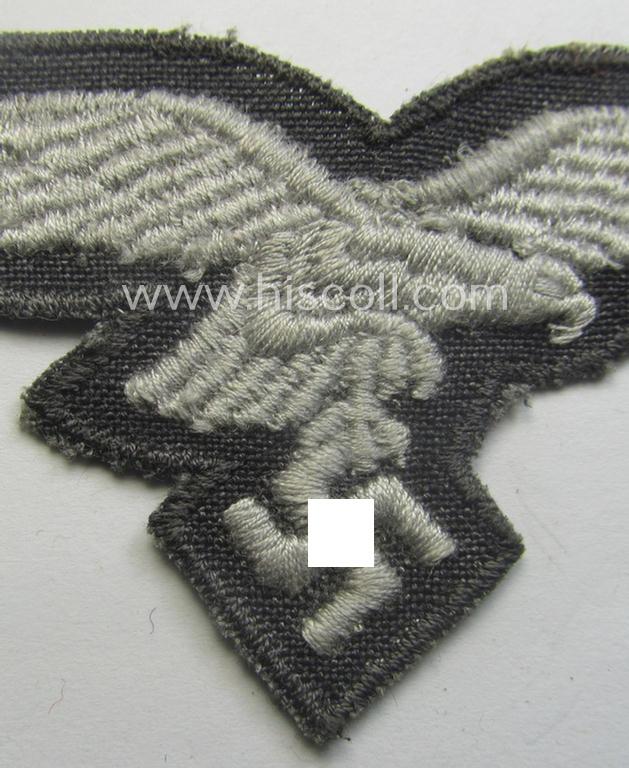 'Variant'-pattern WH (Luftwaffe) EM- (ie. eventually NCO-) type side-cap eagle (being a 'virtually mint- ie. unissued' example as executed in typical machine-embroidered-pattern onto an unusally seen 'thin-shaped'-background)