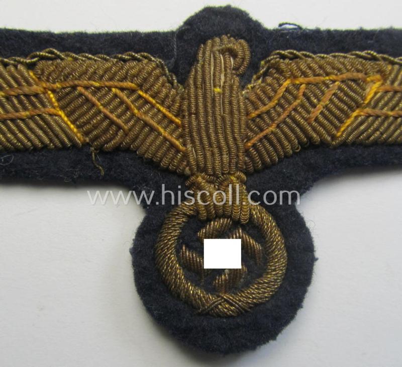 Superb - and just moderately used! - WH (Kriegsmarine) officers'-type, hand-embroidered breast-eagle (ie. 'Brustadler für Offiziere') as was executed in bright-golden-coloured braid as was intended for usage on the various officers'-pattern tunic...