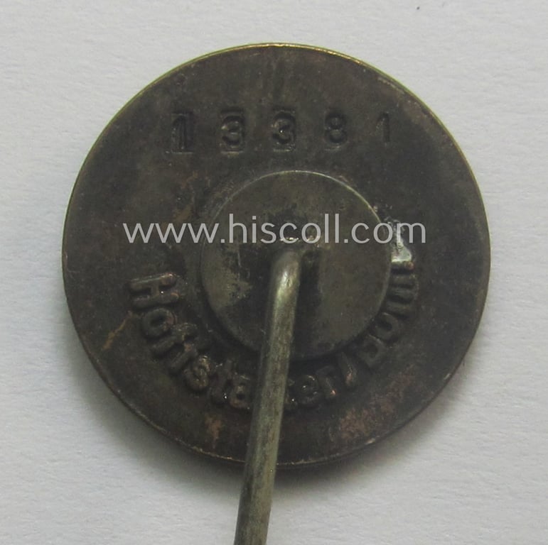 SS (ie. 'Allgemeine SS') civil-attire badge (ie. 'Zivilabzeichen der SS') being a detailed example that shows a clearly-present makers'-designation and unique serial-number ('13381')