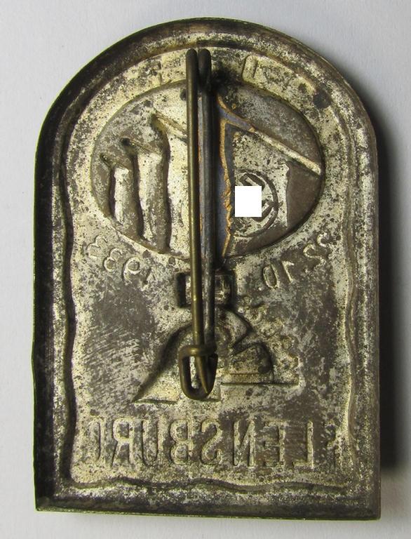 Unusually seen, commemorative D.A.F.- ie. N.S.B.O.- (ie. 'Deutsches Arbeitsfront') related day-badge (ie. 'tinnie') as issued to commemorate a specific D.A.F. (ie. N.S.B.O-) related gathering simply named: 'D.A.F. - Flensburg - 22.10.1933'