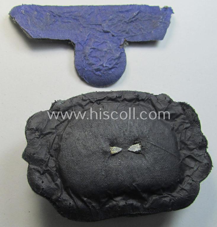 Attractive - and detailed! - WH (Heeres) officers'-pattern, visor-cap eagle/cocarde-set (ie. 'Effektensatz für Schirmmütze') being both hand-embroidered examples that come mounted onto a typical darker-green-coloured- and/or woolen-based backgroun...