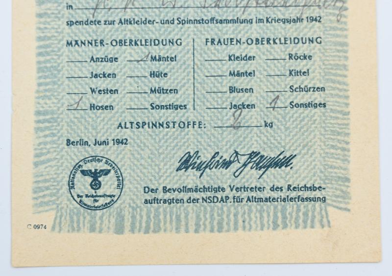 German Third Reich Era Clothing Recycling Certificate