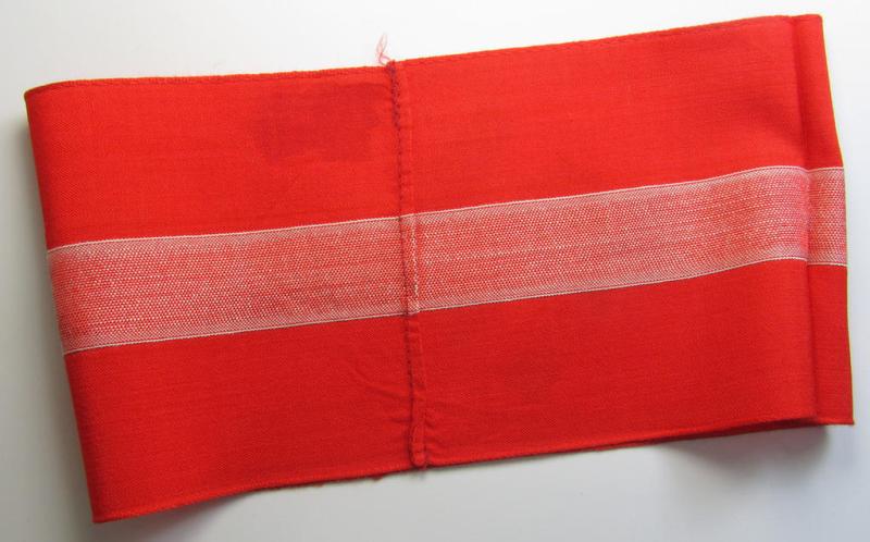 Attractive - and scarcely found! - 'standard'- (ie. entirely woven) pattern, bright-red-coloured HJ- (ie. 'Hitlerjugend'-) related armband (ie. 'Armbinde') being a hardly worn- nor used example that regrettably misses its 'RzM'-etiket
