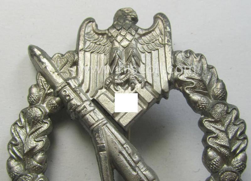 Stunning - and 'virtually mint'! - 'Infanterie Sturmabzeichen in Silber' being a maker- (ie. 'W.H.'-) marked, 'solid-back' example by the Austrian-based maker: 'Wilhelm Hobacher' as was executed in bright silver-coloured, zinc-based metal