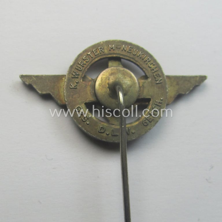 Luxuriously-styled, so-called: DLV (ie. 'Deutscher Luftsport Verband') miniature membership lapel-pin (ie. 'Mitgliedsabzeichen für den Zivilanzug') being a neatly maker- (ie. 'K. Wurster'-) marked example