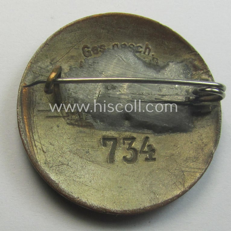 DRK nurses'-badge entitled: 'Schwesternschaft' being a medium-sized version showing a low bearers'-number: ('734') and/or: 'Ges.Gesch.'-patent-pending-designation