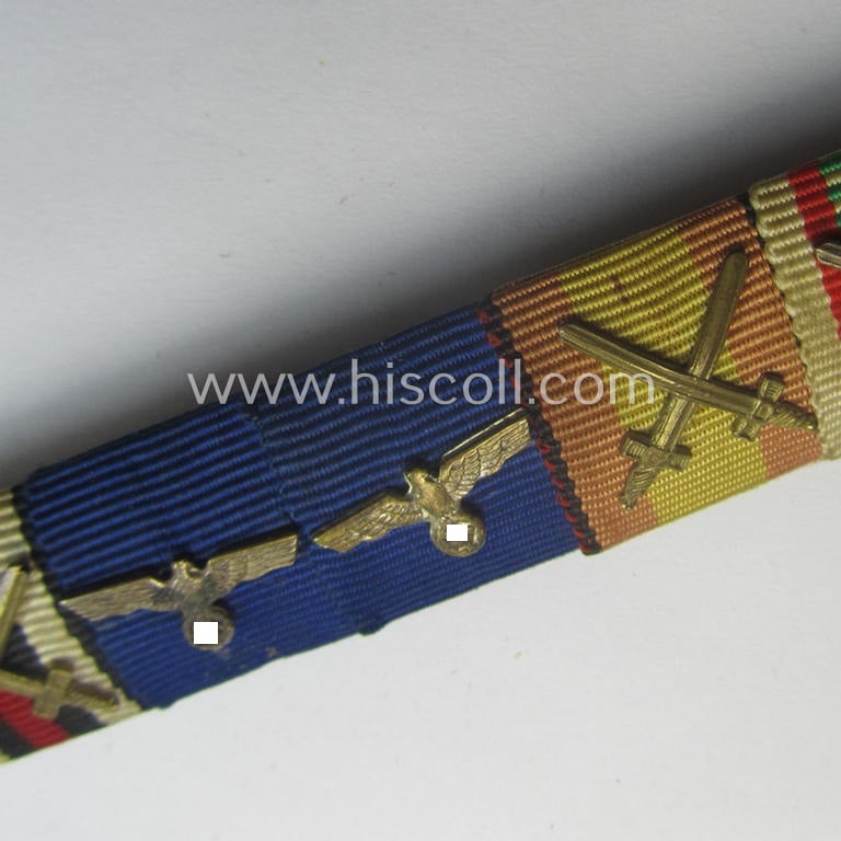 6-pieced, WWI- (ie. WWII-) period ribbon-bar (ie. 'Feld- o. Bandspange') showing resp. a: 'KvK II.Kl. m. S., a WWI-period: 'FKK m. S.', two WH (Heeres) 'DA' and a Spanish Civil-War and Austrian commemorative-medal