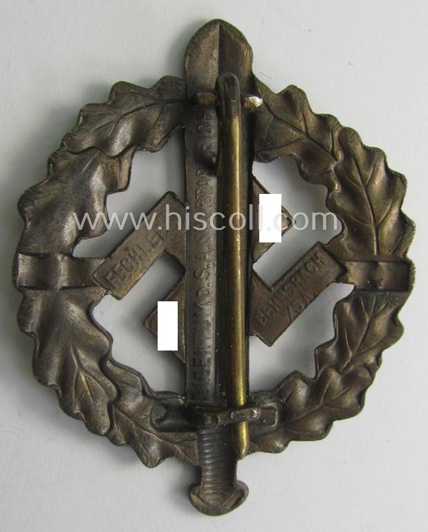 Early- (ie. pre-) war-period example of an: 'SA-Sportabzeichen in Bronze' being a detailed and/or neatly maker- (ie. 'Fechler - Bernsbach i. Sa.'-) marked example that is void of a bearers'-number