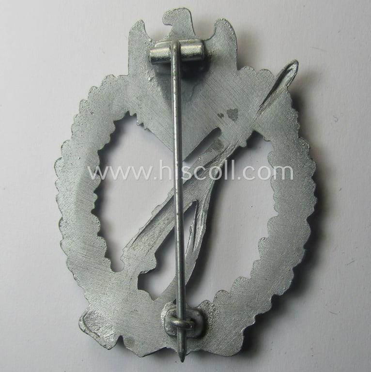Superb, 'Infanterie Sturmabzeichen in Silber' being a non-maker-marked and/or typical zinc- (ie. 'Feinzink'-) based version (ie. 'crimped scooped rifle-variant') as was (I deem) procuded by the: 'S&L'- (ie. 'Steinhauer u. Lück'-) company