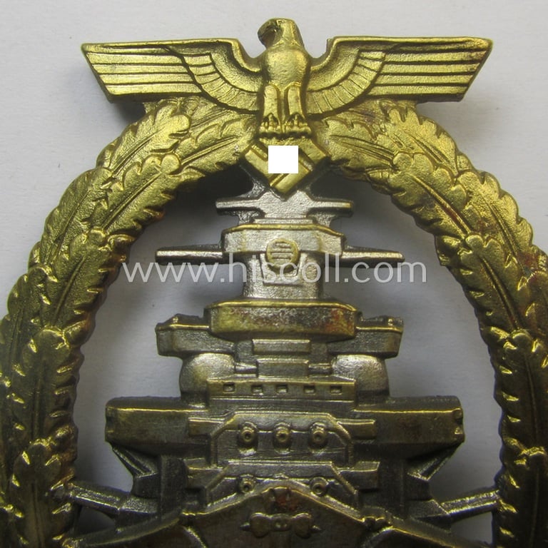 Moderately used, WH (Kriegsmarine) 'Flottenkriegsabzeichen' (or: high-sea fleet badge) being a typical 'Buntmetall'-based specimen that is neatly maker- (ie. 'Fec. Adolf Bock') marked on its back