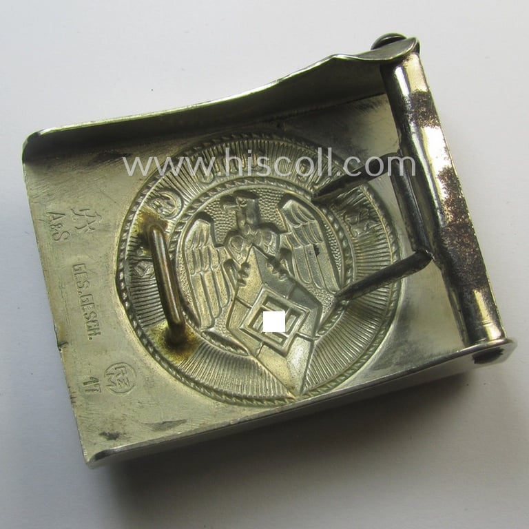 HJ (ie. 'Hitlerjugend') nickle-chrome-based belt-buckle being a neatly (double!) maker (ie. 'RzM 17' and/or 'A' ie. 'Assmann & Söhne') marked specimen