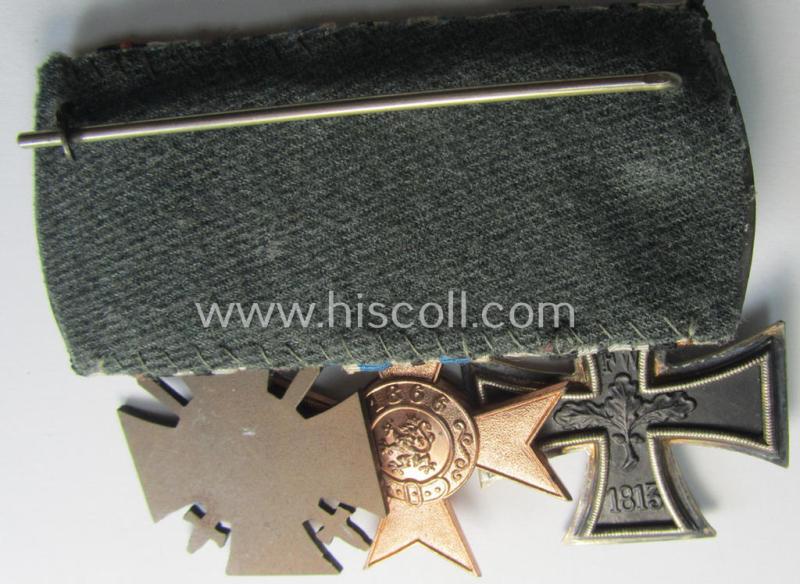 Attractive, WWI-period so-called: 'Ordenspange' (being of the non-'detachable-pattern') showing resp. an: 'EK II. Klasse', a: 'Bayern Militär-Verdienstkreuz 3. Kl. mit der Krone' and a: 'FKK 1914-18 mit Schw.' and that comes as recently fou...