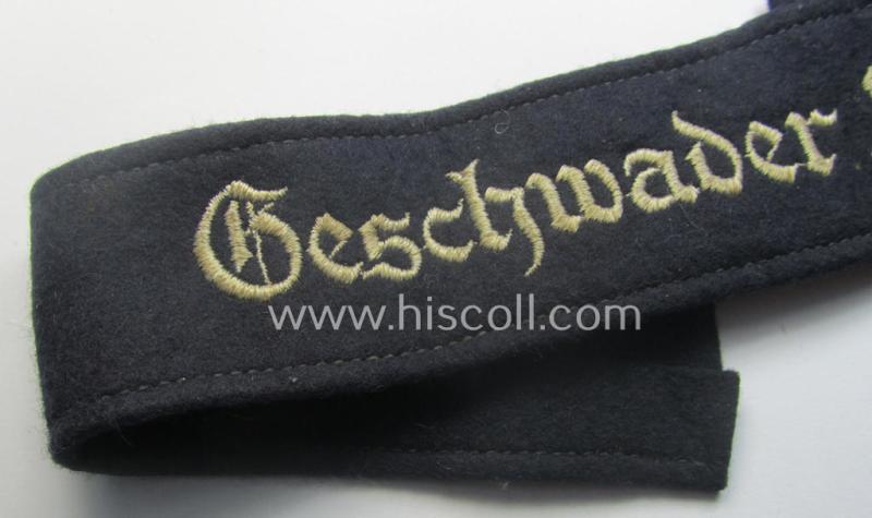 WH (Luftwaffe) cuff-title ie. armband (ie. 'Ärmelstreifen') entitled: 'Geschwader Hindenburg' (being a typical EM- ie. NCO-pattern example that comes in a probably issued albeit still  'virtually mint'- and/or non-shortened, condition)