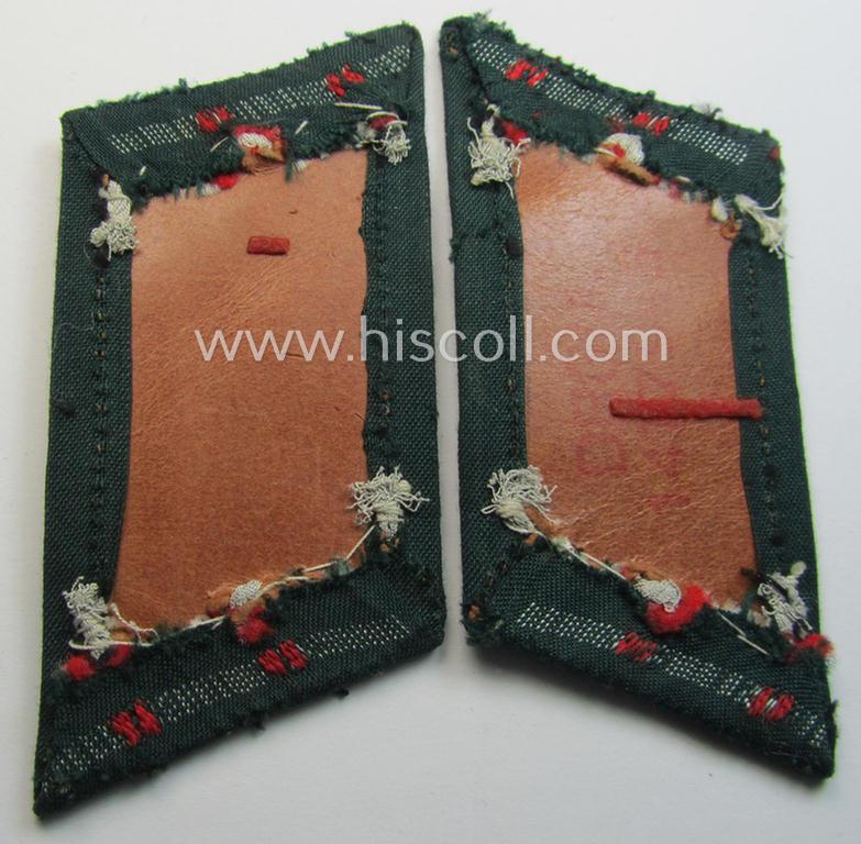 Attractive - and truly used! - pair of WH (Heeres) (later-war-pattern) officers'-type collar-tabs (ie. 'Kragenspiegel für Offiziere') as executed in 'BeVo'-weave pattern as was intended for an officer serving within the: '(Sturm)Artillerie-Trup...
