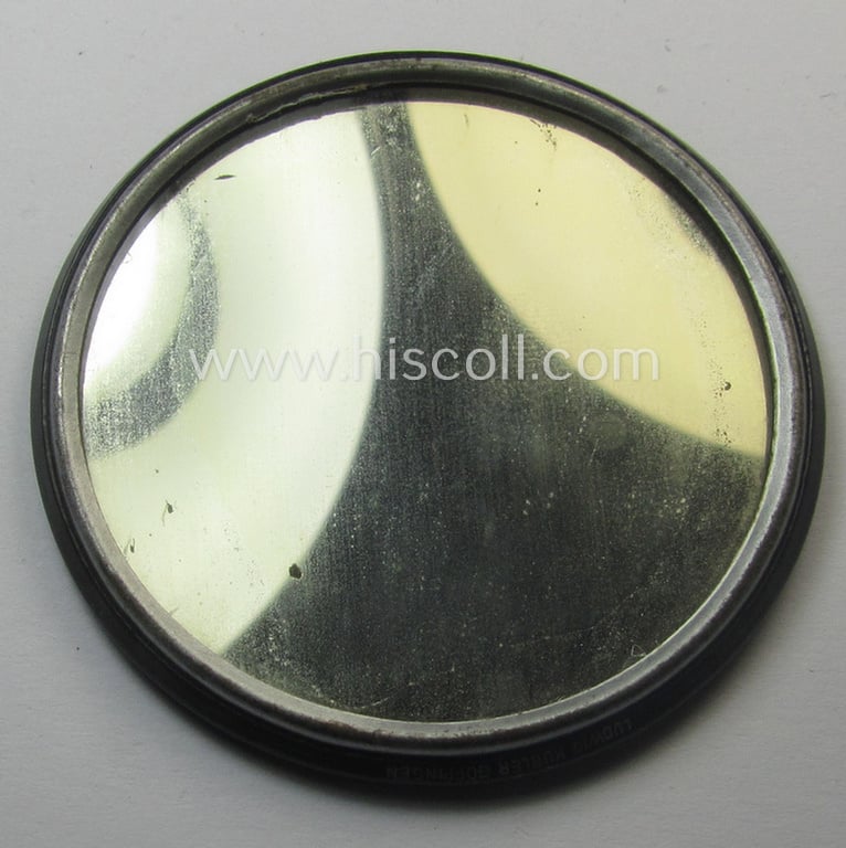 Interesting, WWII-period 'promotional-item' (ie. hand-held mirror or: 'Spiegel') showing an illustration of various military-related accesoiries coupled with the text: 'Franz Blume, Landshut - Zivil- u. Uniformschneiderei'