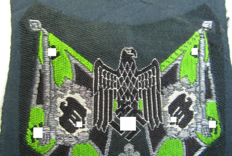 Stunning - and in this branchcolour rarely encountered! - WH (Heeres), flat-wire- (ie. 'BeVo'-) woven 'Ärmelabzeichen für Fahnenträger' as was intended for a soldier who served within a: 'Panzer-Grenadier Regiment'