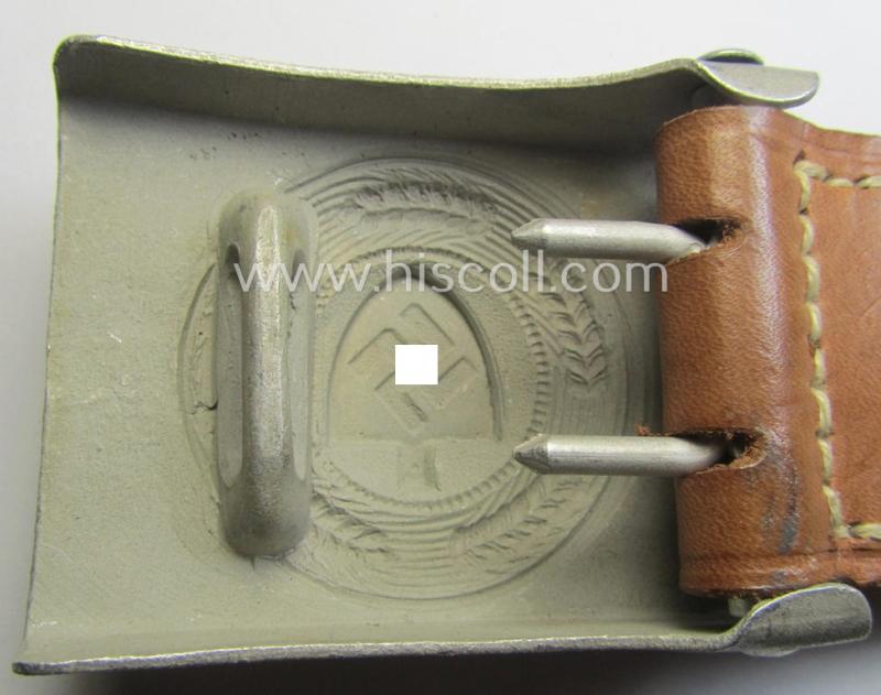 'Reichsarbeitsdienst'- (ie. RAD-) enlisted-mens'- (ie. NCO-) type belt-buckle being a maker- (ie. 'Friedrich Linden'-) marked example which is dated: '1938' and that comes mounted onto its leather-based tab