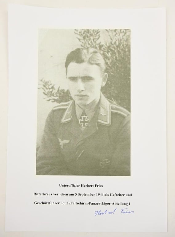 Signature of Luftwaffe Fallschirmjager KC Recipient 'Herbert Fries'