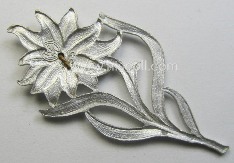 SA- (ie. 'Sturmabteilungen'-) related bright-silverish-coloured- and/or aluminium-based collar-tab- (ie. cap-) badge ie. device depicting an: 'Edelweiss'-flower (being an: 'RzM 155'-marked specimen)