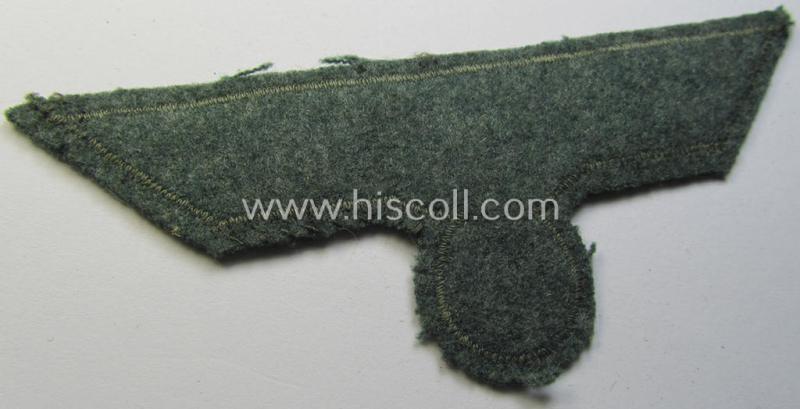 WH (Heeres) breast-eagle as executed in 'BeVo'-type-, so-called: 'flat-wire'-weave-pattern and pre-mounted on field-grey-coloured wool as was specifically intended for usage by soldiers (ie. NCOs) on their dress-tunics (ie. 'Waffenröcke')