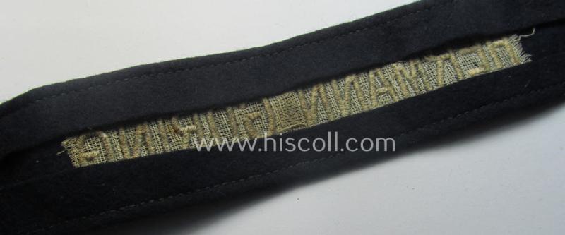 Typical 'smooth-woolen'-based, enlisted-mens'- (ie. NCO-) pattern WH (Luftwaffe) cuff-title (ie. 'Ärmelstreifen') entitled: 'Hermann Göring' (being an I deem presumably issued- albeit never worn nor tunic-attached and minimally damaged example...