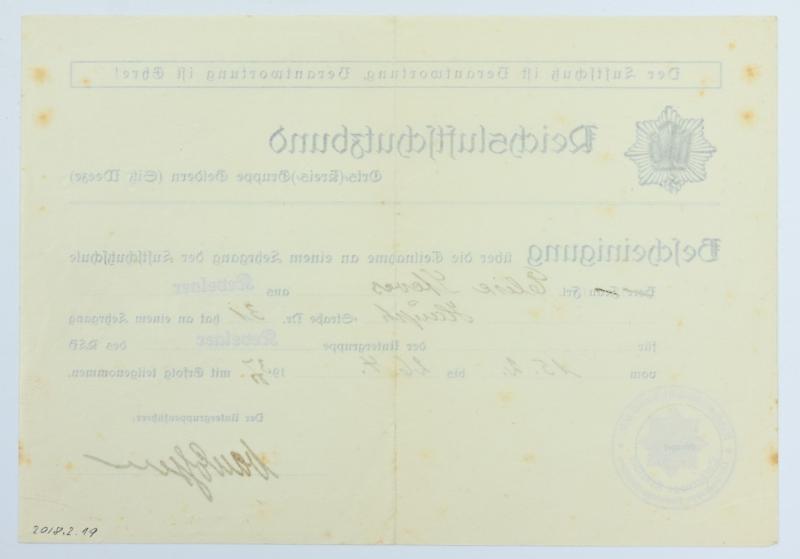 German Third Reich Luftschutz Certificate