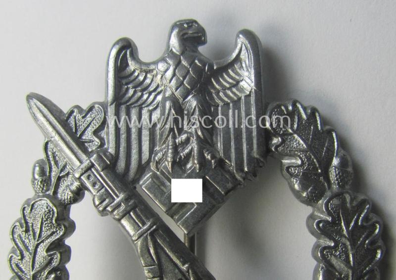 'Virtually mint', silver-class 'Infanterie Sturmabzeichen in Silber' being an unmarked (so-called: 'pillow-crimped') example as was executed in silverish-coloured, zinc-based metal (ie. 'Feinzink')