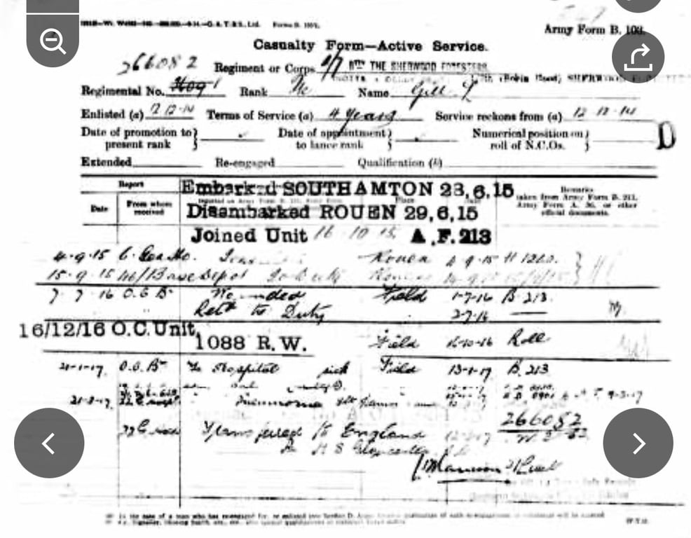 Discharge Wallet 266082 Pte L Gill 1/7th Notts and Derby Regiment (Robin Hood Rifles) Wounded 1/7/1916