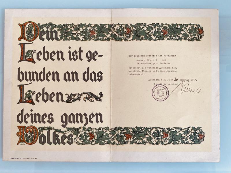 Third Reich Golden Wedding Anniversary Award Grouping 1937
