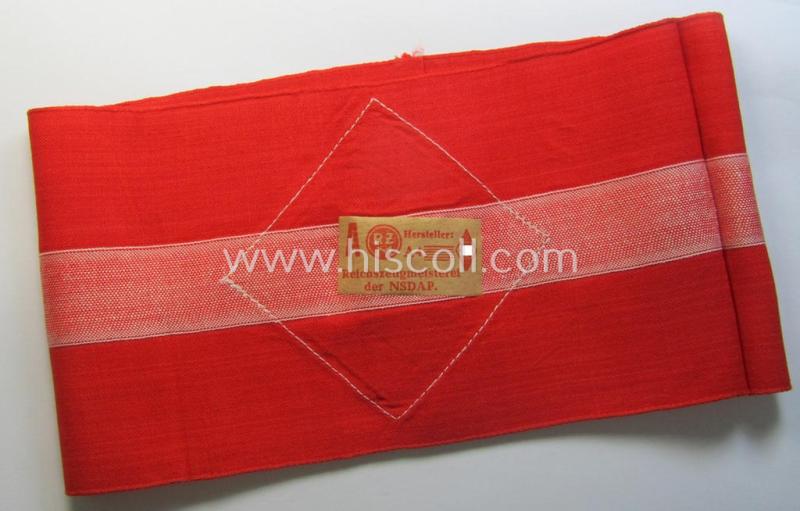 Attractive - and scarcely found! - 'standard'- (ie. entirely woven) pattern, bright-red-coloured HJ- (ie. 'Hitlerjugend'-) related armband (ie. 'Armbinde') being a never worn- nor used example that still retains its 'RzM'-etiket