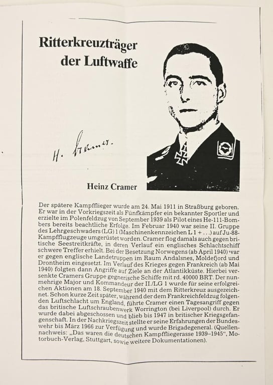 Signature of Luftwaffe KC Recipient 'Heinz Cramer'